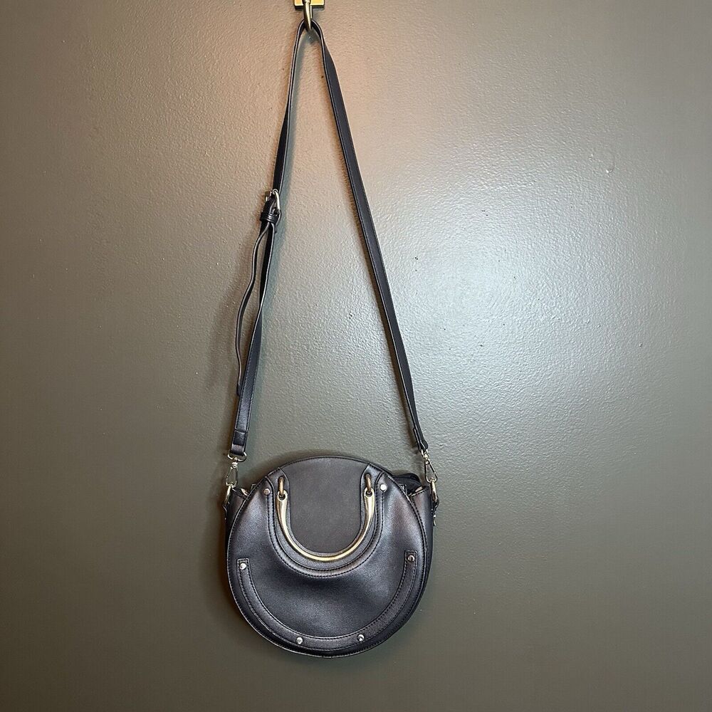 Melie Bianco Black Vegan Leather Circle Crossbody‎ Bag Purse